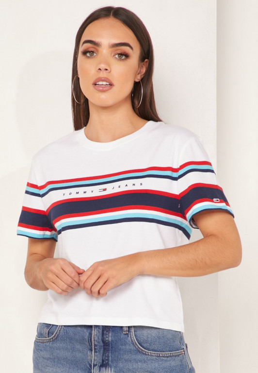 Tommy Jeans dámské bílé tričko TJW STRIPE LOGO TEE č.1