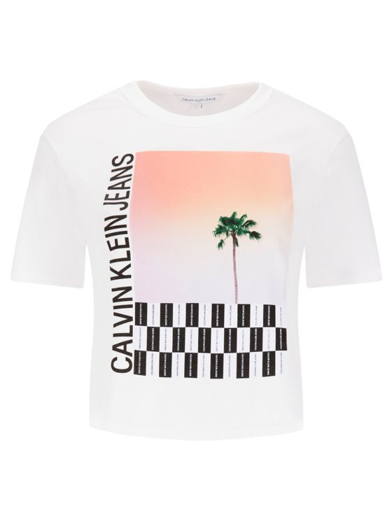 Calvin Klein dámské bílé tričko s potiskem PALM TREE PHOTO LOGO SLIM TEE č.1