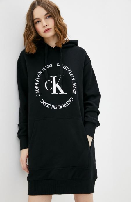 Calvin Klein dámské černé mikinové šaty s kapucí CK ROUND LOGO HOODED KNIT DRESS č.1